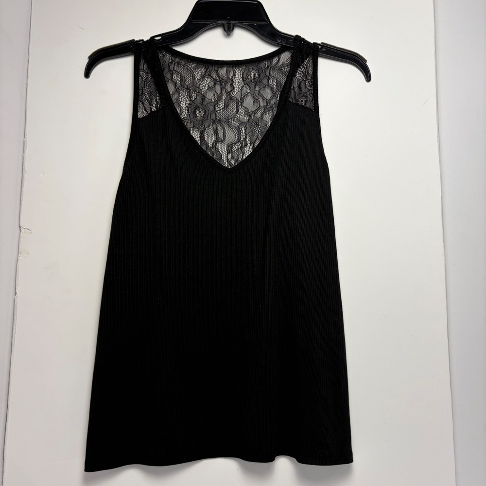 Flora by Flora Nikrooz Womens Black Ribbed Lace Back Tank Top Size Medium